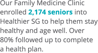 Our Family Medicine Clinic enrolled 2,174 seniors into Healthier SG to help them stay healthy and age well. Over 80% ...