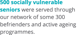 500 socially vulnerable seniors were served through our network of some 300 befrienders and active ageing programmes. 
